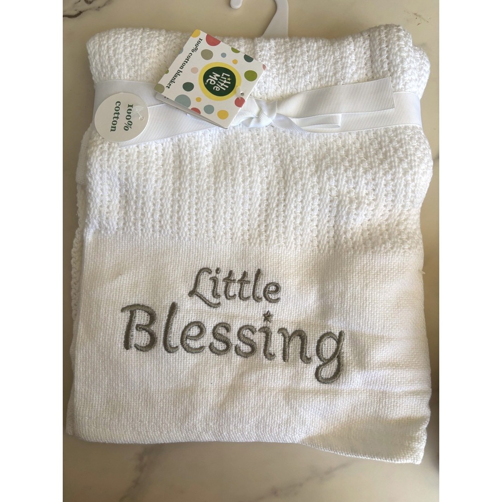 Little Me White 100% Cotton‎ Knit Baby Blanket Little Blessing Embroidered 30x40